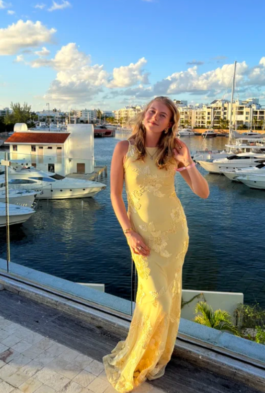 Gorgeous Spaghetti Strap Sheath Long Prom Dresses Tulle Applique Yellow Wedding Guest Dresses ED04991