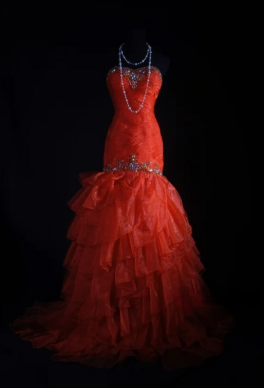 Fairy Strapless Sheath Long Prom Dresses Tulle Bead Orange Sweet 16 Dresses ED04992