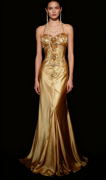 Vintage Spaghetti Strap Sheath Long Prom Dresses Silk Bead Gold Formal Dresses ED04993