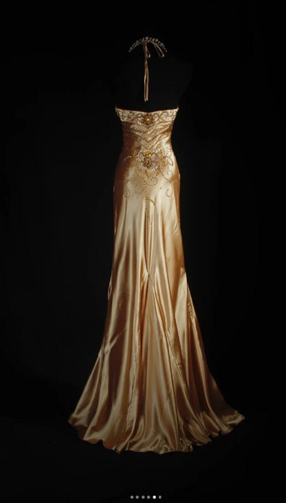 Vintage Spaghetti Strap Sheath Long Prom Dresses Silk Bead Gold Formal Dresses ED04993