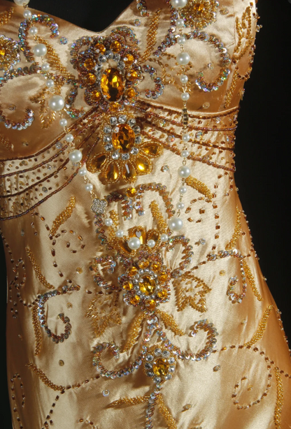 Vintage Spaghetti Strap Sheath Long Prom Dresses Silk Bead Gold Formal Dresses ED04993