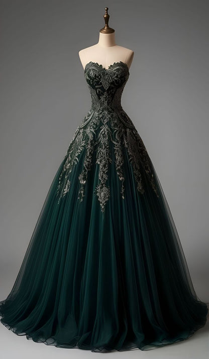 Palace-Style Sweetheart A-Line Long Prom Dresses Tulle Forest Green Sweet 16 Dresses ED04996