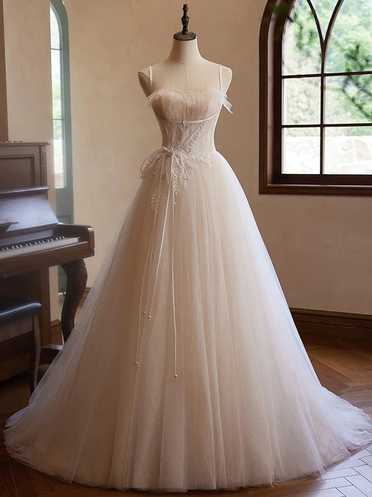 A-Linie Herzausschnitt Tüll Champagner Langes Ballkleid mit Spitze ED050