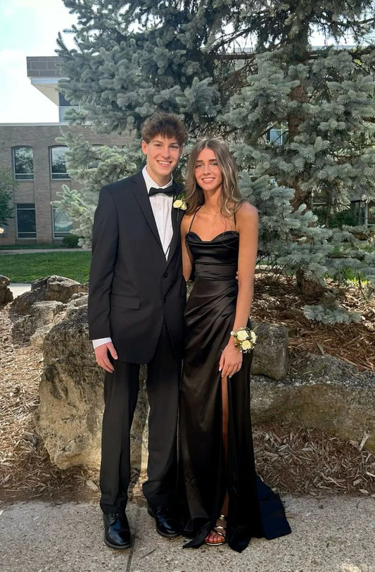 Simple Spaghetti Strap Sheath Long Prom Dress with Slit, Satin Black Formal Dress ED05001