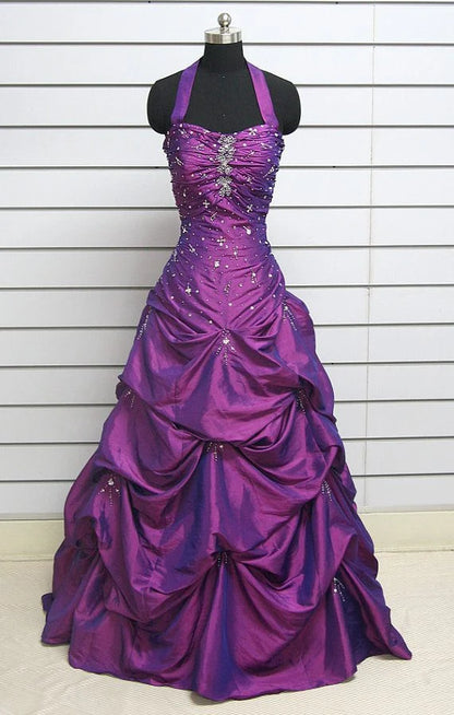 Vintage Halter Neck Ball Gown Taffeta Purple Long Prom Dress ED05002