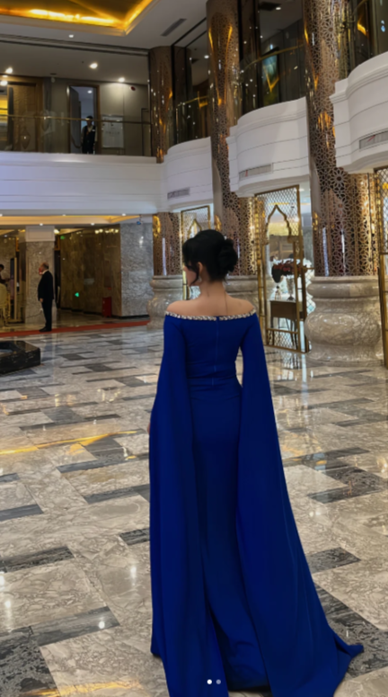 Elegant Off-shoulder Sheath Long Prom Dresses Chiffon Royal Blue Wedding Guest Dresses  ED05003