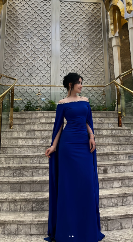 Elegant Off-shoulder Sheath Long Prom Dresses Chiffon Royal Blue Wedding Guest Dresses  ED05003
