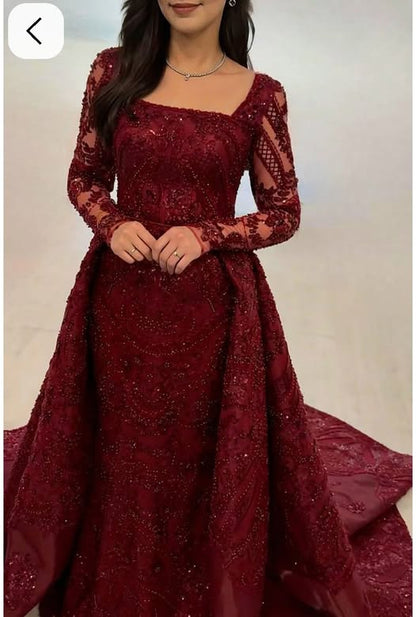 Glam Square Neck Sheath Long Prom Dress Tulle Beaded Burgundy Evening Dress ED05004