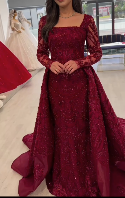 Glam Square Neck Sheath Long Prom Dress Tulle Beaded Burgundy Evening Dress ED05004