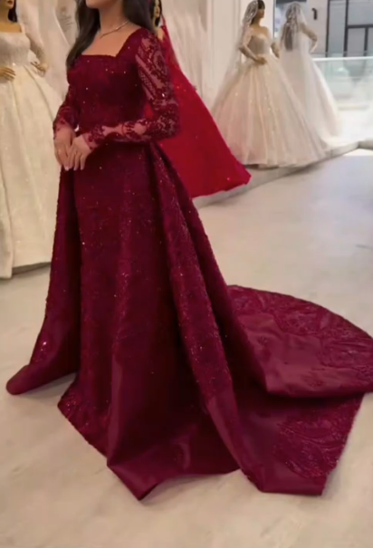 Glam Square Neck Sheath Long Prom Dress Tulle Beaded Burgundy Evening Dress ED05004