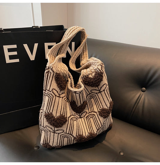 Sac fourre-tout polyvalent en tricot brodé cœur ED0500