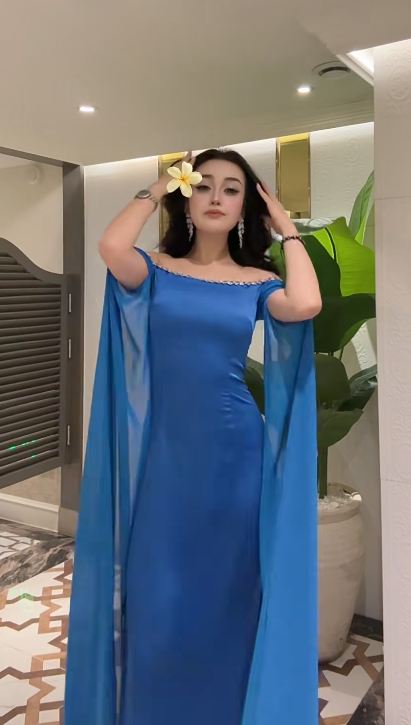 Glam Off Shoulder Sheath Blue Long Prom Dresses Chiffon Blue Wedding Guest Dresses ED05014