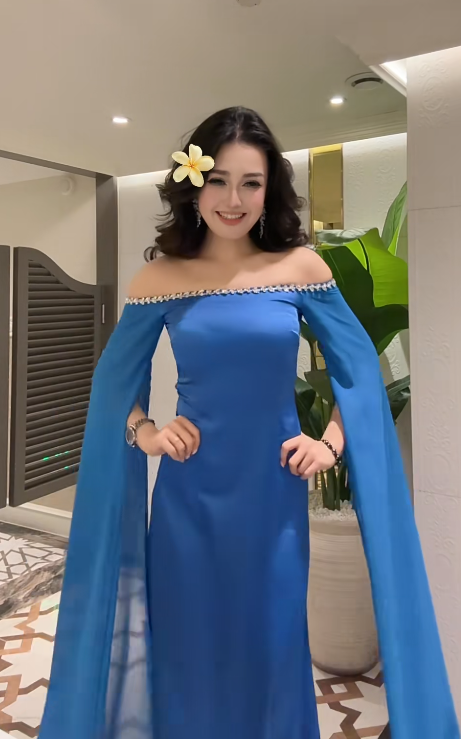 Glam Off Shoulder Sheath Blue Long Prom Dresses Chiffon Blue Wedding Guest Dresses ED05014