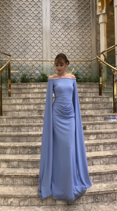 Glam Off-the-shoulder Sheath Lavender Long Prom Dresses Chiffon Lavender Wedding Guest Dresses ED05013