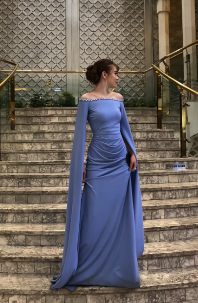 Glam Off-the-shoulder Sheath Lavender Long Prom Dresses Chiffon Lavender Wedding Guest Dresses ED05013