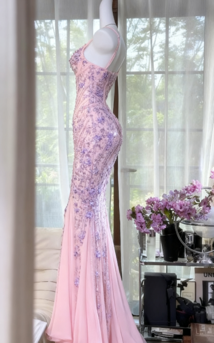 Fairy Spaghetti Strap Mermaid Pink Long Prom Dresses Chiffon Beaded Pink Formal Dresses ED05018
