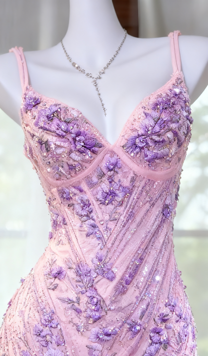 Fairy Spaghetti Strap Mermaid Pink Long Prom Dresses Chiffon Beaded Pink Formal Dresses ED05018