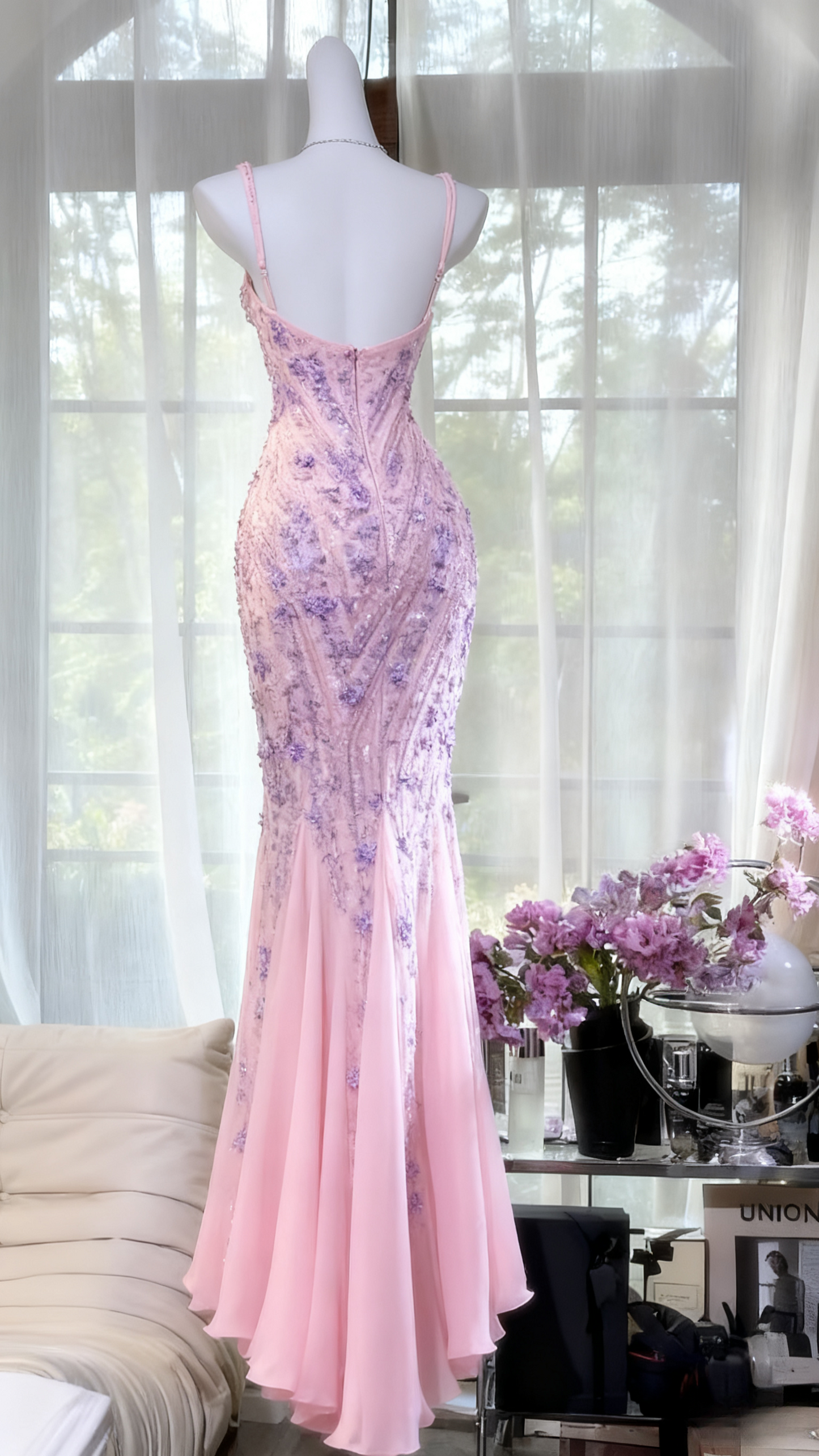 Fairy Spaghetti Strap Mermaid Pink Long Prom Dresses Chiffon Beaded Pink Formal Dresses ED05018