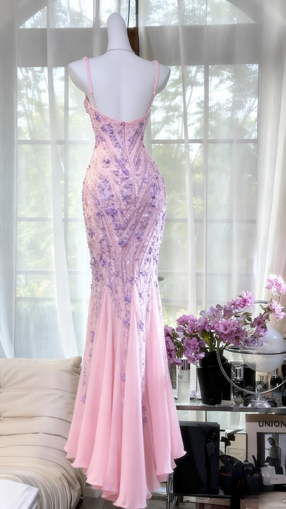 Fairy Spaghetti Strap Mermaid Pink Long Prom Dresses Chiffon Beaded Pink Formal Dresses ED05018