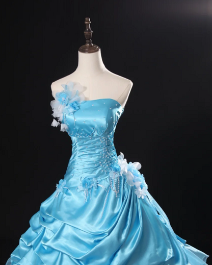 Fairy Strapless Ball Gown Blue Long Prom Dresses Satin Blue Quinceanera Dresses Sweet 16 Dress ED05019