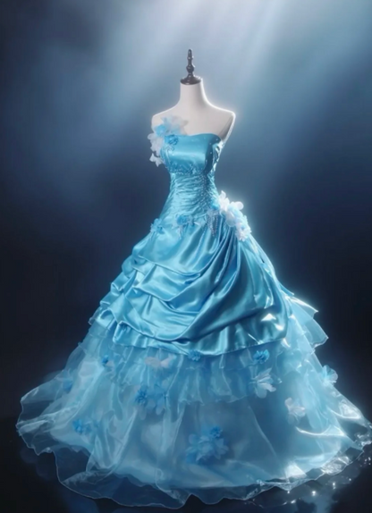 Fairy Strapless Ball Gown Blue Long Prom Dresses Satin Blue Quinceanera Dresses Sweet 16 Dress ED05019