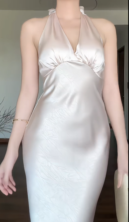 Simple V neck Sheath Long Prom Dresses Satin Wedding Guest Dresses ED05021