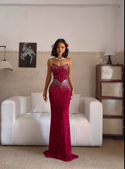 Sexy Sweetheart Neck Sheath Burgundy Long Prom Dresses Sequin Chiffon Burgundy New Year Evening Dresses ED05022