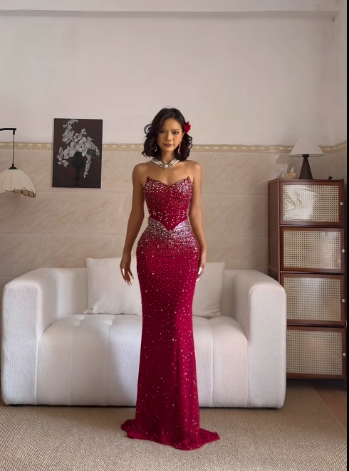 Sexy Sweetheart Neck Sheath Burgundy Long Prom Dresses Sequin Chiffon Burgundy New Year Evening Dresses ED05022