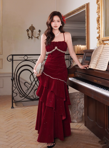 Cute Spaghetti Strap Sheath Burgundy Long Prom Dresses Burgundy Birthday Dresses Ruffle Velvet Sleeveless New Year's Evening Dress ED05024