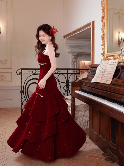 Cute Spaghetti Strap Sheath Burgundy Long Prom Dresses Burgundy Birthday Dresses Ruffle Velvet Sleeveless New Year's Evening Dress ED05024