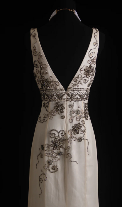 Elegant V-neck Sheath Beige Long Prom Dresses Beaded Chiffon Open Back Evening Dresses ED05025