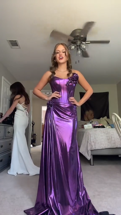 Elegant Strapless Sheath Evening Gowns Purple Long Prom Dresses Metallic Satin Purple Formal Dresses ED05041