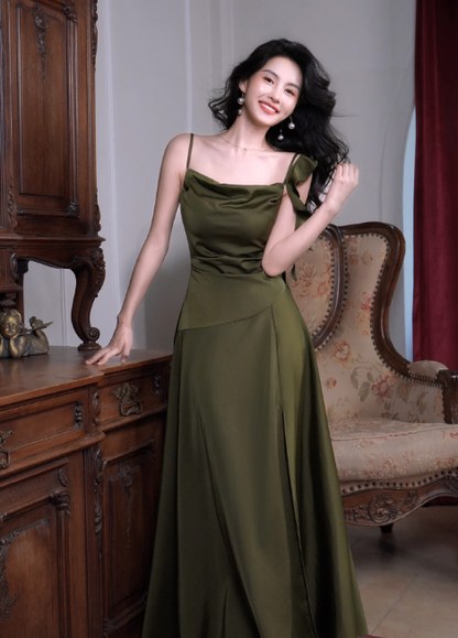 Chic Spaghetti Strap Sheath Green Long Prom Dresses with Slits Satin Green Birthday Dresses ED05043