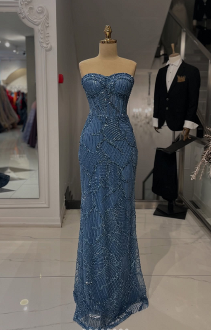 Sexy Strapless Sheath Blue Long Prom Dresses Beaded Sequin Tulle Blue Evening Gowns ED05044