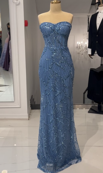 Sexy Strapless Sheath Blue Long Prom Dresses Beaded Sequin Tulle Blue Evening Gowns ED05044