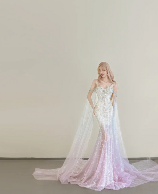 Fairy Sweetheart Mermaid Ombre Pink Long Prom Dresses Glitter Tulle Ombre Pink Evening Gowns ED05045