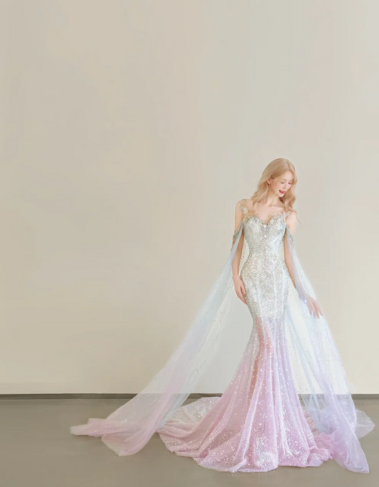 Fairy Sweetheart Mermaid Ombre Pink Long Prom Dresses Glitter Tulle Ombre Pink Evening Gowns ED05045