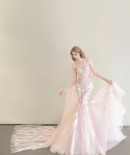 Fairy Sweetheart Mermaid Light Pink Long Prom Dresses Rhinestone Tulle Light Pink Birthday Dresses ED05046
