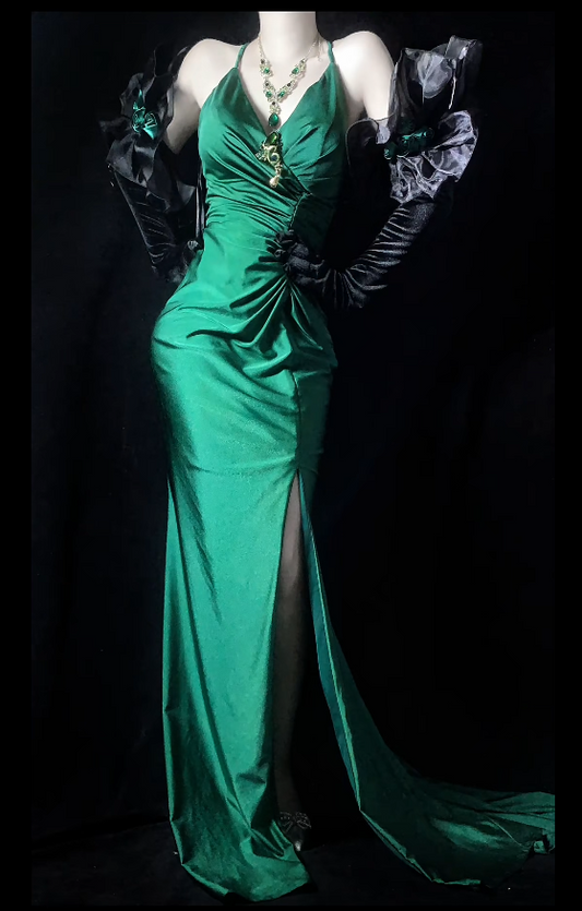 Sexy Spaghetti Strap Dark Green Long Prom Dresses with Slits Satin Dark Green Wedding Guest Dresses ED05049