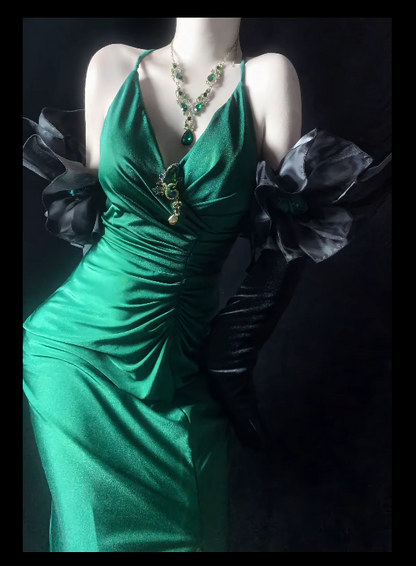 Sexy Spaghetti Strap Dark Green Long Prom Dresses with Slits Satin Dark Green Wedding Guest Dresses ED05049