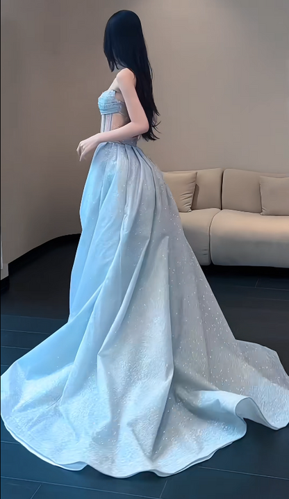 Gorgeous Strapless Sheath Ice Blue Long Prom Dresses Sleeveless Ice Blue Evening Dresses ED05050