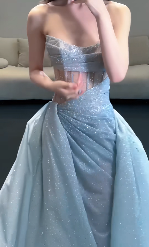 Gorgeous Strapless Sheath Ice Blue Long Prom Dresses Sleeveless Ice Blue Evening Dresses ED05050