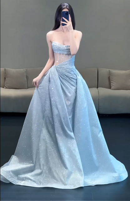 Gorgeous Strapless Sheath Ice Blue Long Prom Dresses Sleeveless Ice Blue Evening Dresses ED05050