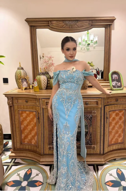 Chic Off-the-shoulder Sheath Blue Long Prom Dresses Applique Tulle Blue Wedding Guest Dresses  ED05052