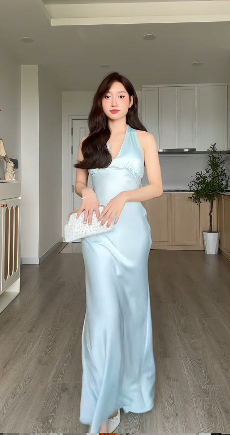 Chic Halter Sheath Light Blue Long Prom Dresses Satin Light Blue Wedding Guest Dresses  ED05053
