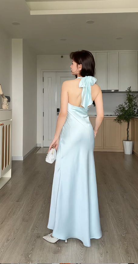 Chic Halter Sheath Light Blue Long Prom Dresses Satin Light Blue Wedding Guest Dresses  ED05053
