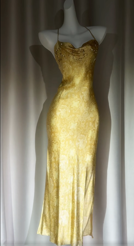 Vintage Spaghetti Strap Sheath Yellow Prom Dresses Silk Yellow Evening Dresses with Open Back ED05055