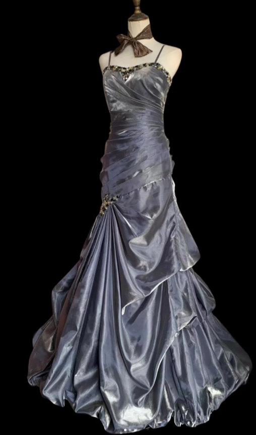 Glam Spaghetti Strap Mermaid Long Prom Dresses Sleeveless Taffeta Silver Grey Quinceanera Dresses Sweet 16 Dresses ED05057