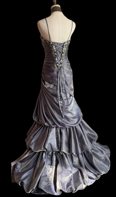 Glam Spaghetti Strap Mermaid Long Prom Dresses Sleeveless Taffeta Silver Grey Quinceanera Dresses Sweet 16 Dresses ED05057