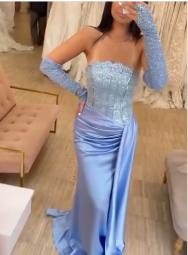 Glam Strapless Sheath Blue Long Prom Dresses Satin Blue Evening Dresses ED05058
